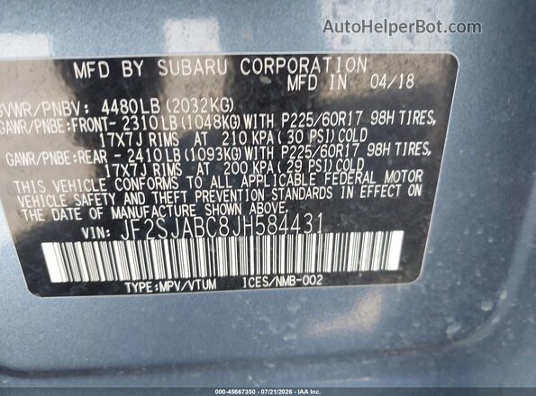 JF2SJABC8JH584431 2018 SUBARU FORESTER Blue ძრავის განყოფილების ხედი
