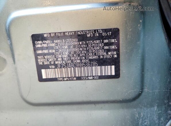JF2SJABC9HH536785 2017 SUBARU FORESTER Green VIN კოდის სტიკერის ხედი
