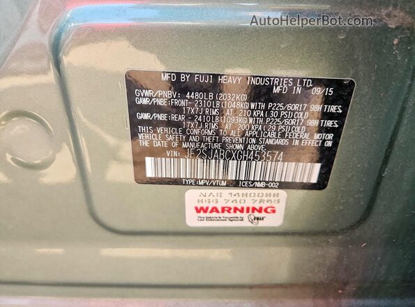 JF2SJABCXGH453574 2016 SUBARU FORESTER Green VIN კოდის სტიკერის ხედი