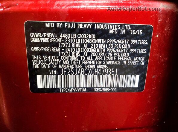 JF2SJABCXGH479351 2016 SUBARU FORESTER Red Widok komory silnika