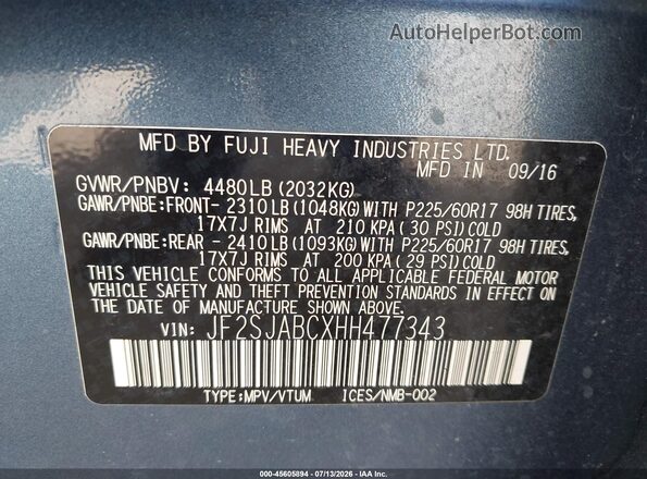 JF2SJABCXHH477343 2017 SUBARU FORESTER Blue Widok komory silnika