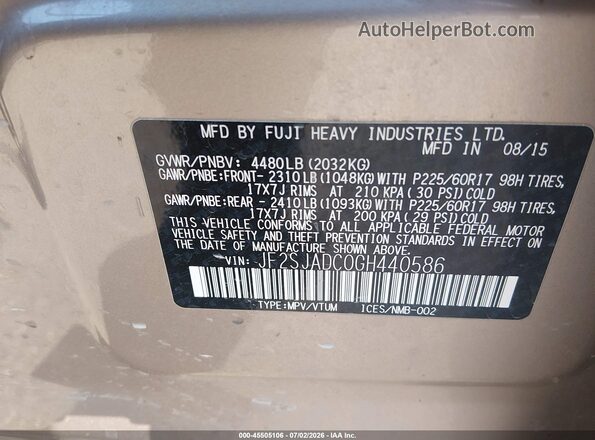 JF2SJADC0GH440586 2016 SUBARU FORESTER Pewter Вид підкапотного простору