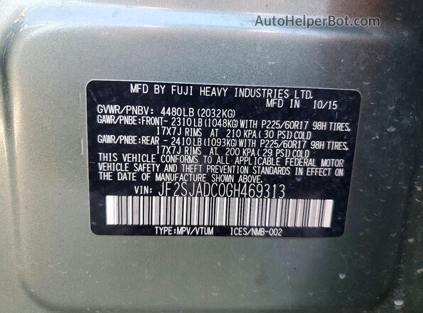 JF2SJADC0GH469313 2016 SUBARU FORESTER Зеленый Панорамный вид салона 360°