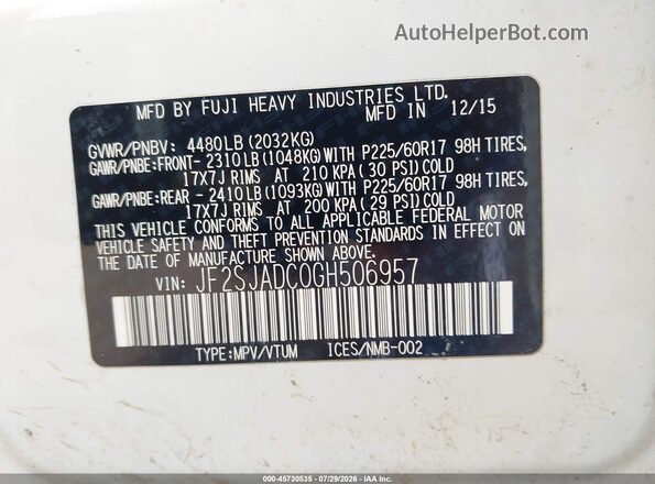JF2SJADC0GH506957 2016 SUBARU FORESTER Белый Вид подкапотного пространства