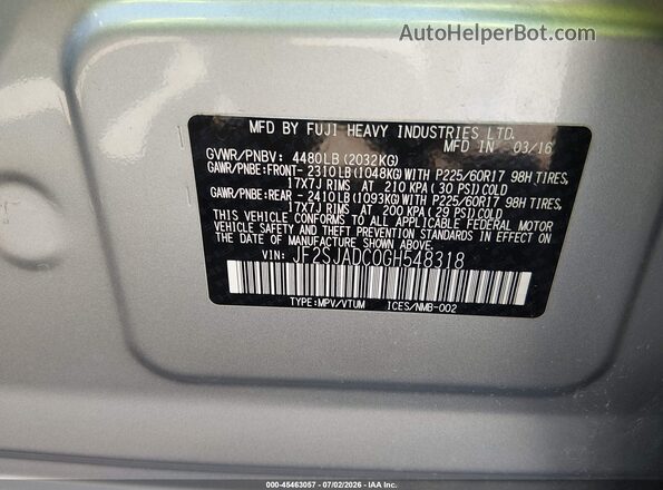 JF2SJADC0GH548318 2016 SUBARU FORESTER Gray Вид підкапотного простору