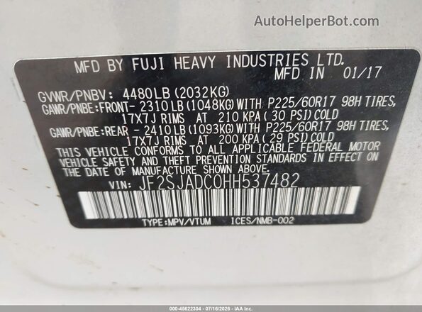 JF2SJADC0HH537482 2017 SUBARU FORESTER White Вид підкапотного простору