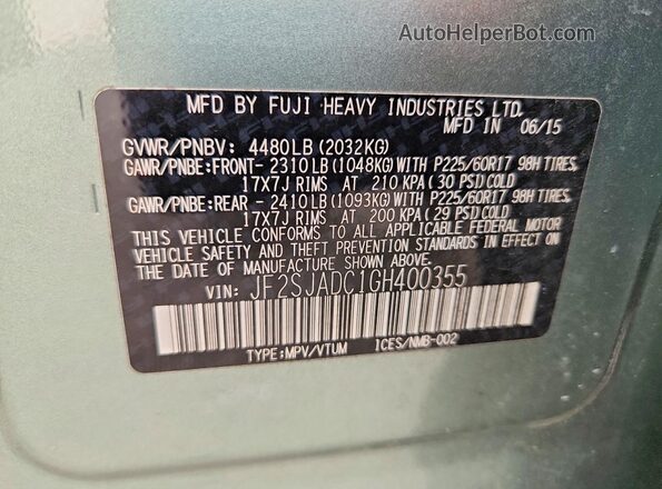 JF2SJADC1GH400355 2016 SUBARU FORESTER Green VIN sticker view