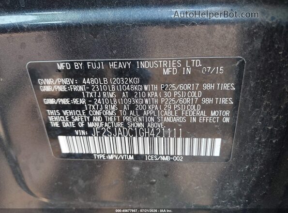 JF2SJADC1GH421111 2016 SUBARU FORESTER Gray Вид підкапотного простору