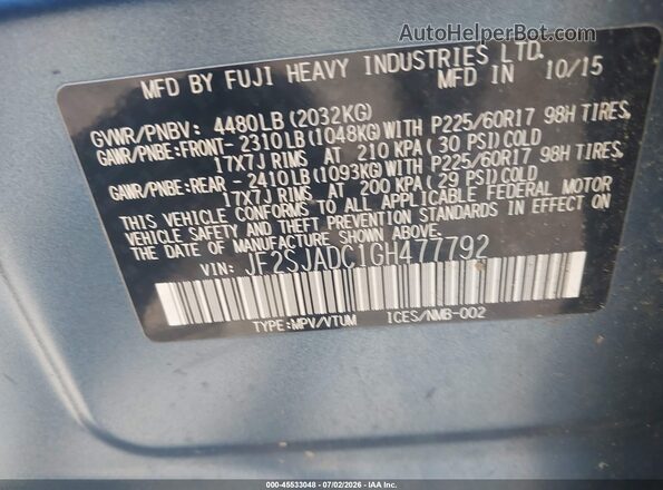 JF2SJADC1GH477792 2016 SUBARU FORESTER Blue Engine compartment view
