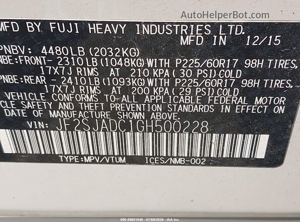 JF2SJADC1GH500228 2016 SUBARU FORESTER White ძრავის განყოფილების ხედი