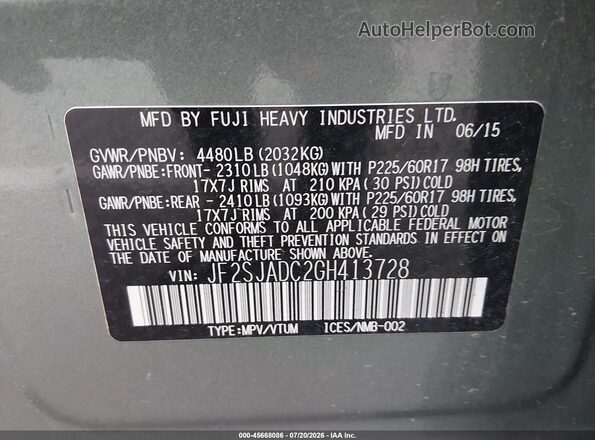JF2SJADC2GH413728 2016 SUBARU FORESTER Green Вид підкапотного простору