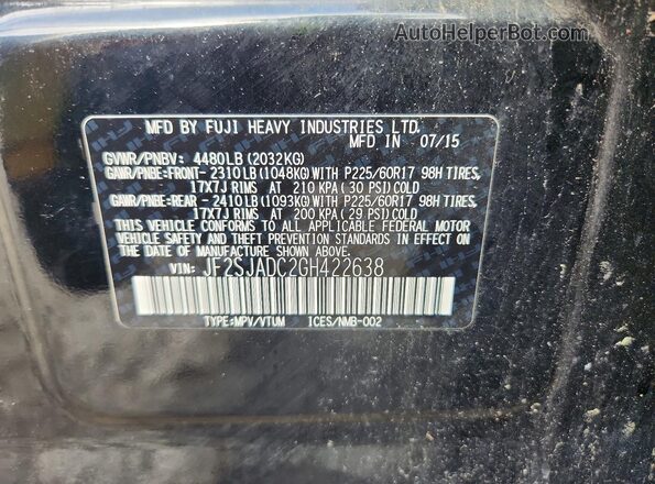 JF2SJADC2GH422638 2016 SUBARU FORESTER Black VIN կոդի պիտակի տեսք