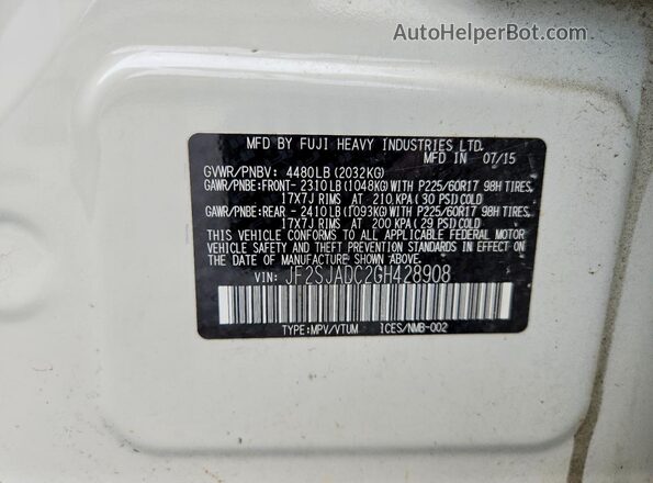 JF2SJADC2GH428908 2016 SUBARU FORESTER White VIN კოდის სტიკერის ხედი
