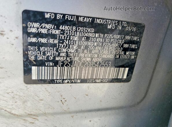 JF2SJADC2GH542553 2016 SUBARU FORESTER Silver VIN sticker view