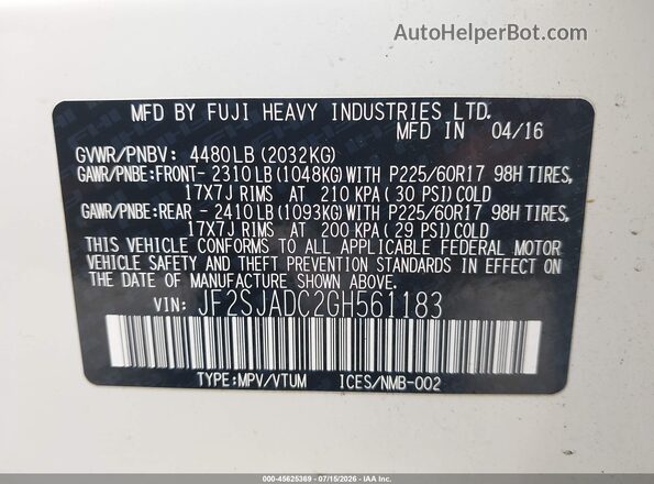 JF2SJADC2GH561183 2016 SUBARU FORESTER White Widok komory silnika