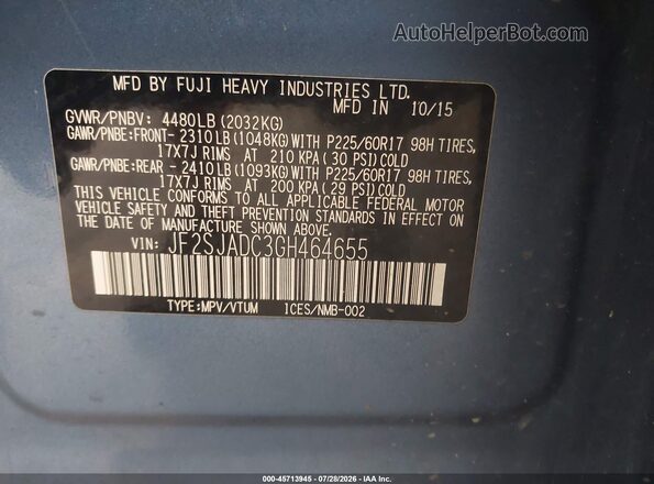 JF2SJADC3GH464655 2016 SUBARU FORESTER Blue Շարժիչի բաժամունքի տեսք
