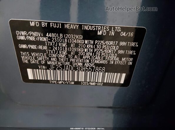 JF2SJADC3GH557868 2016 SUBARU FORESTER Синий Вид подкапотного пространства