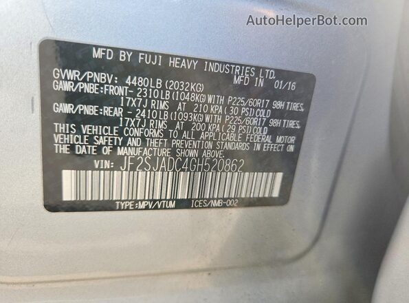 JF2SJADC4GH520862 2016 SUBARU FORESTER Silver Widok komory silnika