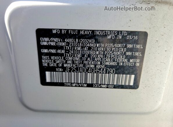 JF2SJADC4GH544790 2016 SUBARU FORESTER White Widok naklejki z numerem VIN