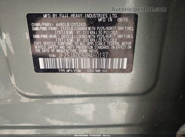 JF2SJADC5GH460137 2016 SUBARU FORESTER Teal Вид підкапотного простору