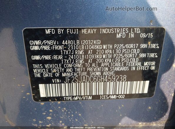 JF2SJADC6GH459238 2016 SUBARU FORESTER Blue ძრავის განყოფილების ხედი