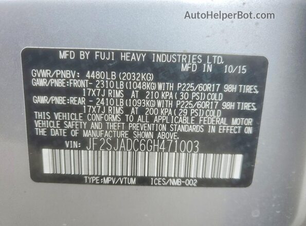 JF2SJADC6GH471003 2016 SUBARU FORESTER Silver VIN sticker view