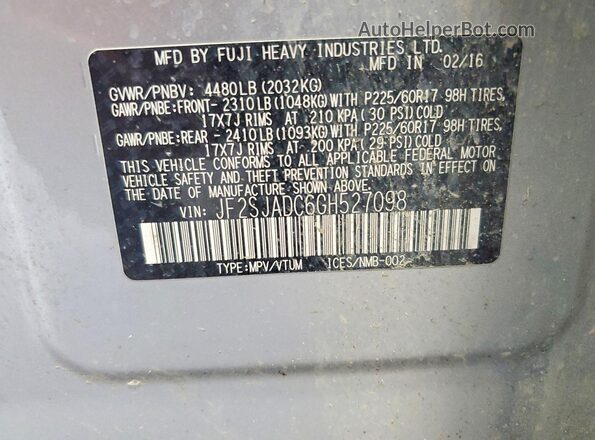 JF2SJADC6GH527098 2016 SUBARU FORESTER Gray Widok naklejki z numerem VIN
