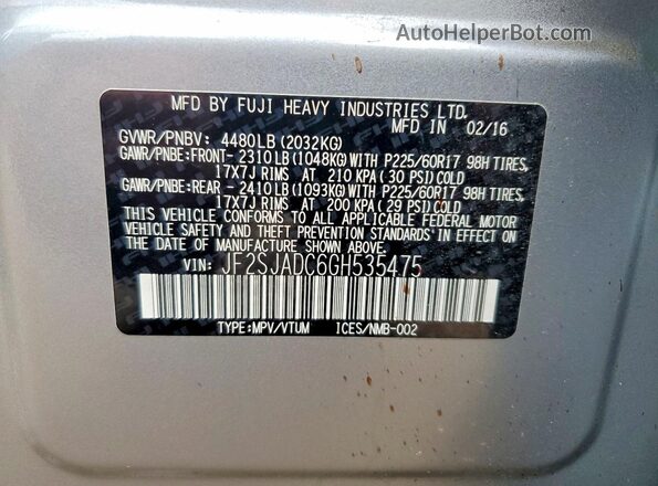 JF2SJADC6GH535475 2016 SUBARU FORESTER Silver Vista de la etiqueta del VIN
