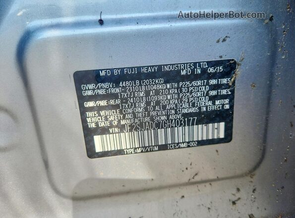 JF2SJADC7GH403177 2016 SUBARU FORESTER Серебряный Вид наклейки с VIN-кодом