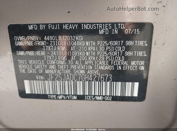 JF2SJADC7GH427673 2016 SUBARU FORESTER Tan Engine compartment view
