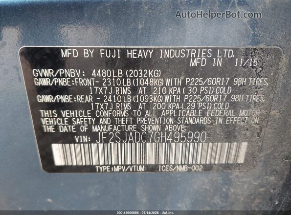 JF2SJADC7GH495990 2016 SUBARU FORESTER Blue ძრავის განყოფილების ხედი