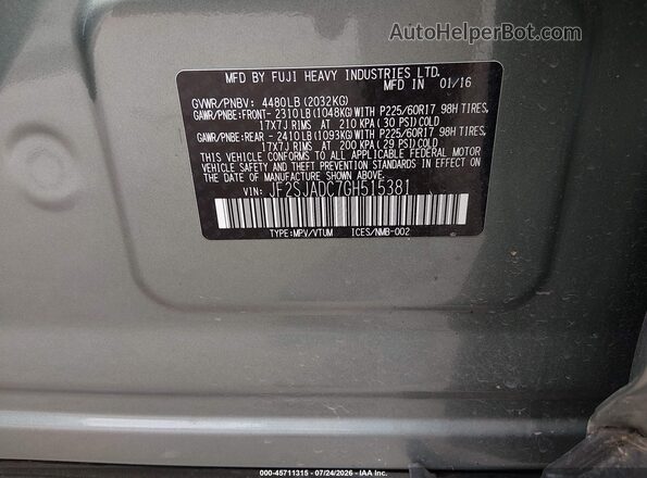 JF2SJADC7GH515381 2016 SUBARU FORESTER Зеленый Вид подкапотного пространства