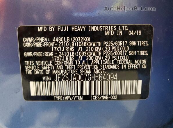 JF2SJADC7GH564094 2016 SUBARU FORESTER Синий Вид наклейки с VIN-кодом
