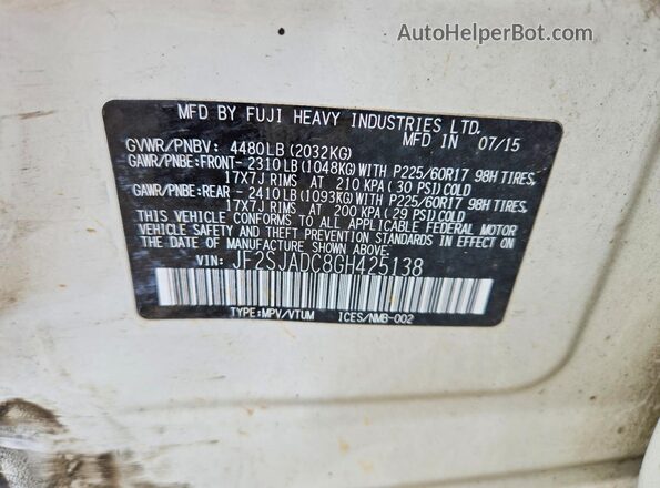 JF2SJADC8GH425138 2016 SUBARU FORESTER White Widok naklejki z numerem VIN