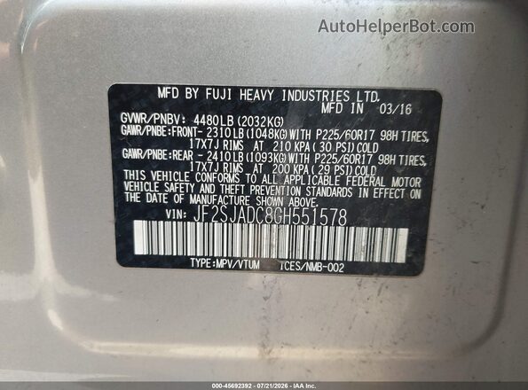 JF2SJADC8GH551578 2016 SUBARU FORESTER Silver Շարժիչի բաժամունքի տեսք