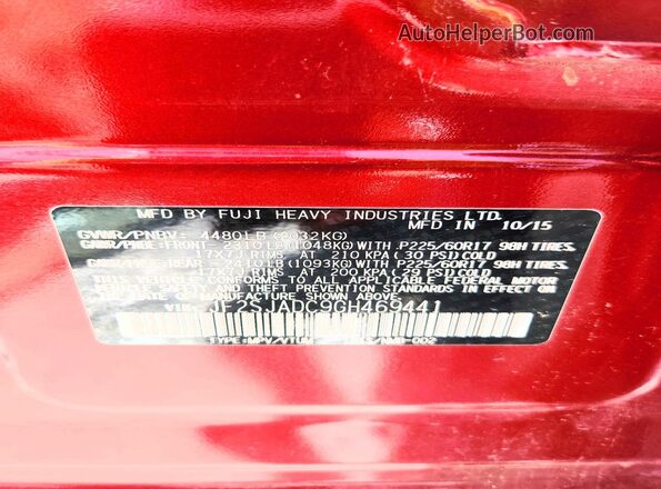JF2SJADC9GH469441 2016 SUBARU FORESTER Red Вид наклейки з VIN-кодом