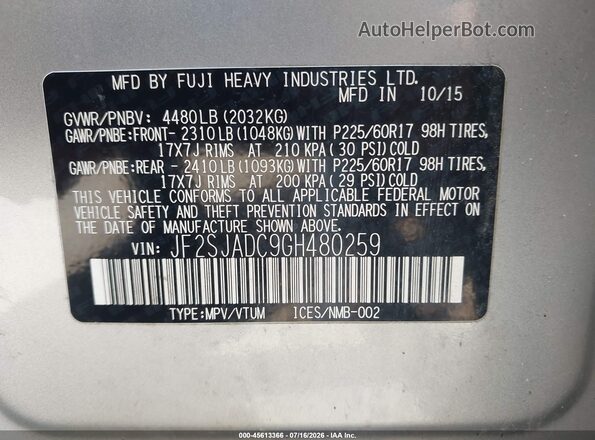 JF2SJADC9GH480259 2016 SUBARU FORESTER Серебряный Вид подкапотного пространства