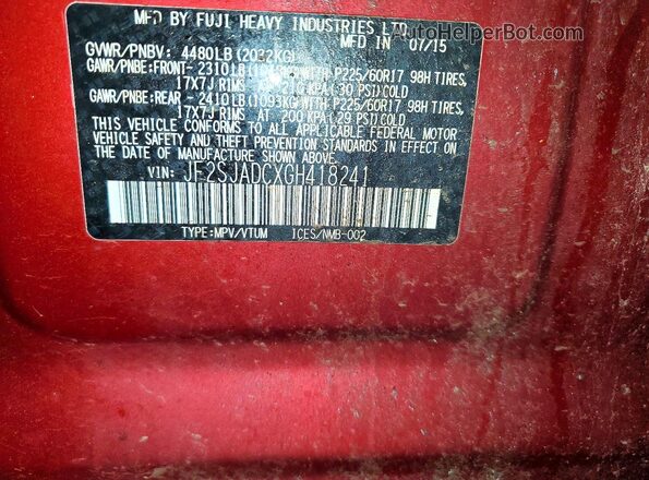 JF2SJADCXGH418241 2016 SUBARU FORESTER Maroon VIN sticker view