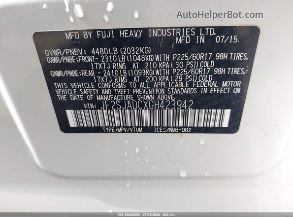 JF2SJADCXGH423942 2016 SUBARU FORESTER White Շարժիչի բաժամունքի տեսք