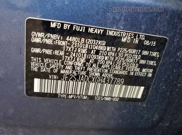 JF2SJADCXGH437789 2016 SUBARU FORESTER Blue Widok naklejki z numerem VIN