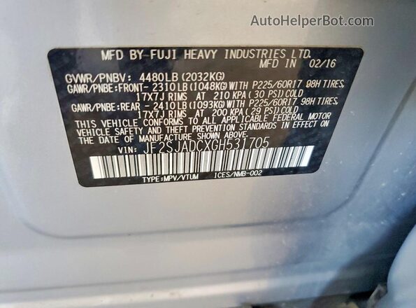 JF2SJADCXGH531705 2016 SUBARU FORESTER Gray Widok naklejki z numerem VIN