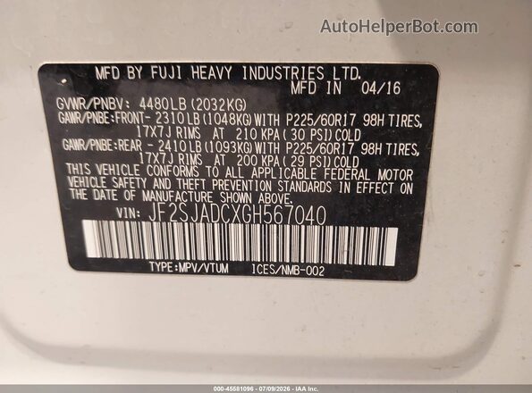 JF2SJADCXGH567040 2016 SUBARU FORESTER Белый Вид подкапотного пространства