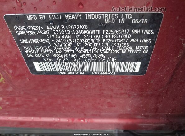 JF2SJADCXHH428706 2017 SUBARU FORESTER Burgundy Engine compartment view