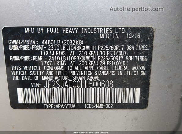 JF2SJAEC0HH500608 2017 SUBARU FORESTER Серебряный Вид подкапотного пространства