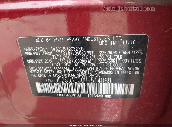 JF2SJAEC0HH514069 2017 SUBARU FORESTER Красный Вид подкапотного пространства