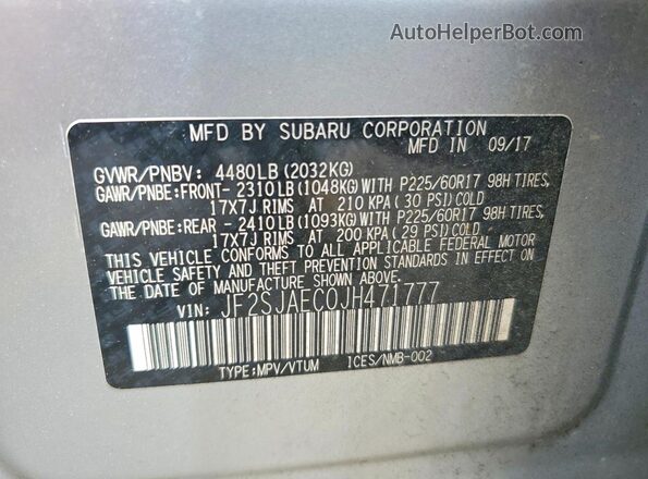 JF2SJAEC0JH471777 2018 SUBARU FORESTER Silver VIN კოდის სტიკერის ხედი