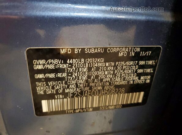 JF2SJAEC0JH508228 2018 SUBARU FORESTER Blue Vista de la etiqueta del VIN