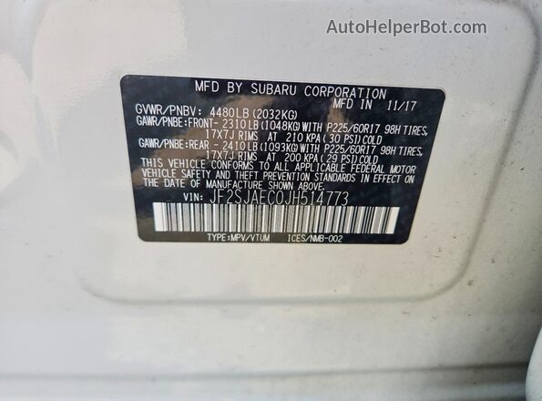 JF2SJAEC0JH514773 2018 SUBARU FORESTER Белый Вид наклейки с VIN-кодом