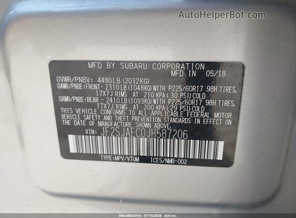 JF2SJAEC0JH587206 2018 SUBARU FORESTER Silver Vista del compartimento del motor