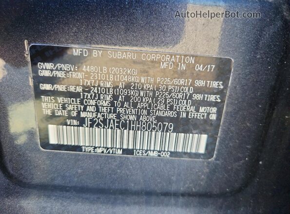 JF2SJAEC1HH805079 2017 SUBARU FORESTER Gray Widok naklejki z numerem VIN